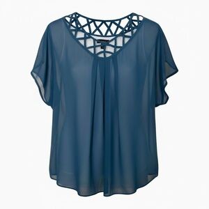 AB Studio Elegant blue Sheer Blouse with Lattice-cutout neckline